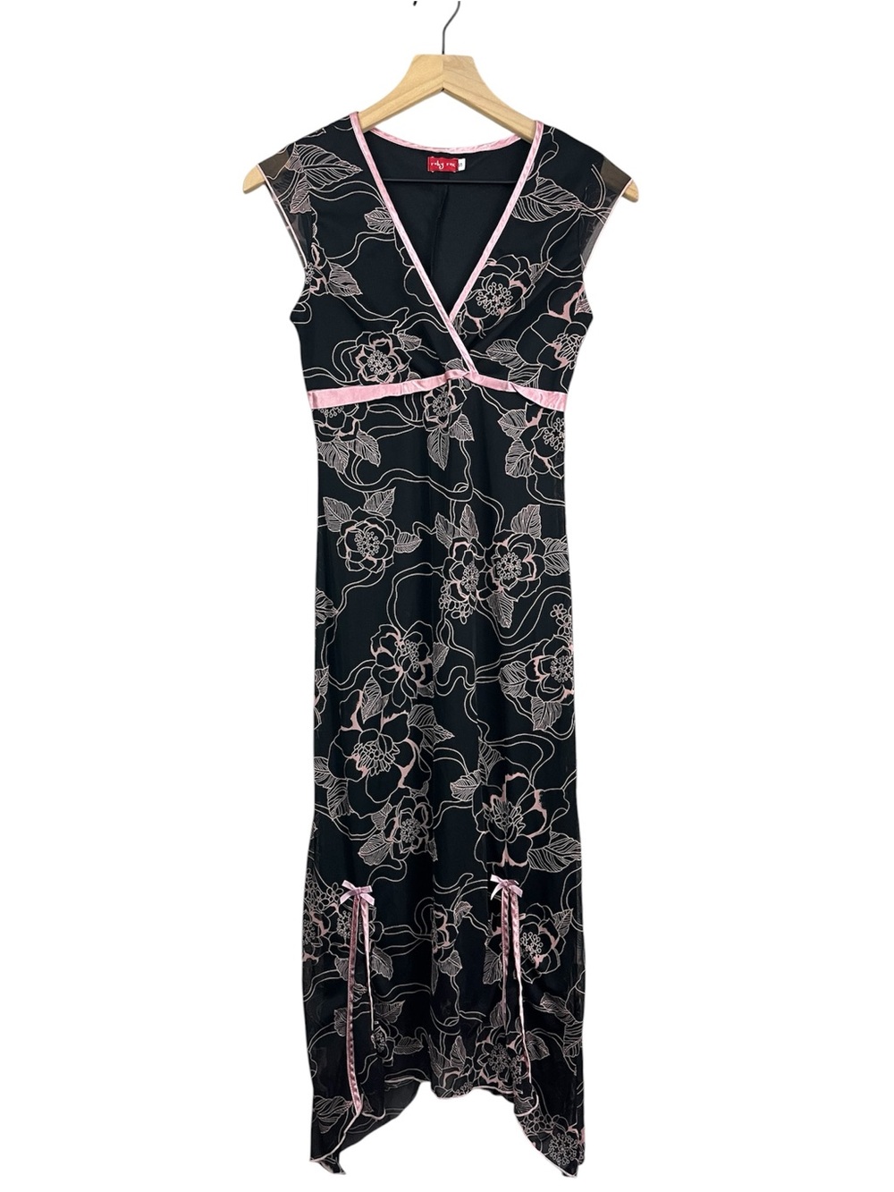 Y2K Vintage Ruby Rox Black Floral Midi Dress with Pink Trim